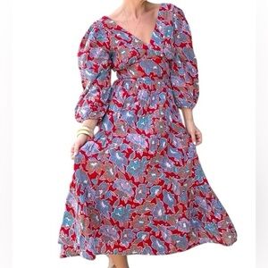 NWT Caroline Constas Frenchie Print Dress Floral Boho Cottagecore Red Blue Sz M